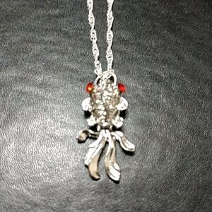 Sterling Silver Red Rhinestone Eye Articulated Tail Koi Fish Necklace 20"